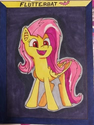 Size: 2740x3637 | Tagged: safe, artist:aking, fluttershy, bat pony, pony, g4, bat ponified, cute, cute little fangs, fangs, flutterbat, high res, race swap, shyabates, shyabetes, solo, traditional art