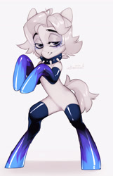 Size: 2780x4316 | Tagged: oc name needed, safe, artist:ink_architect, oc, oc only, earth pony, pony, bipedal, choker, clothes, earth pony oc, lidded eyes, looking at you, makeup, rearing, signature, simple background, solo, spiked choker, standing on two hooves, stockings, thigh highs, white background