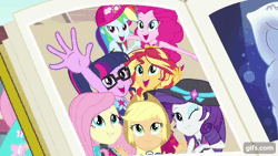 Size: 640x360 | Tagged: safe, screencap, applejack, bulk biceps, fluttershy, pinkie pie, rainbow dash, rarity, sci-twi, sunset shimmer, twilight sparkle, human, equestria girls, equestria girls specials, g4, my little pony equestria girls: better together, my little pony equestria girls: forgotten friendship, abs, animated, applejack's hat, book, canterlot high, cap, clothes, cowboy hat, cutie mark on clothes, eyes closed, female, geode of fauna, geode of shielding, geode of sugar bombs, geode of super speed, gif, gifs.com, glasses, hat, hoodie, humane five, humane seven, humane six, magical geodes, male, one eye closed, one-piece swimsuit, open mouth, open smile, smiling, swimsuit, tank top, wink, yearbook, yearbook photo