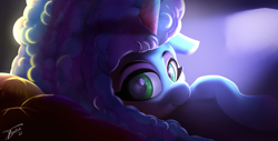 Size: 5119x2596 | Tagged: safe, artist:tyleks, misty brightdawn, pony, unicorn, g5, my little pony: make your mark, curly mane, cute, female, high res, looking at you, mare, signature, simple background, smiling, solo