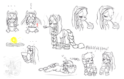 Size: 1700x1080 | Tagged: safe, artist:kabayo, artist:snspony, oc, oc only, oc:baba hooves, pony, yakutian horse, :p, bowl, braid, braided tail, cup, elderly, female, hoof hold, mare, pillow, pipe, raspberry, sketch, sketch dump, sleeping, snoring, sun, tail, tongue out