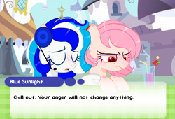 Size: 1024x696 | Tagged: safe, artist:be_yourself, oc, oc:blue sunlight, oc:simy (siunocream nana), pegasus, pony, unicorn, angry, canterlot, chat bubble, duo, duo female, eyes closed, female, food, glass, horn, strawberry, table, talking