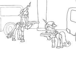 Size: 2000x1500 | Tagged: safe, artist:kabayo, princess cadance, queen chrysalis, alicorn, changeling, changeling queen, pony, g4, 60s spider-man, angry face, black and white, cadance's pizza delivery, cap, car, clothes, duo, female, floppy ears, folded wings, food, frown, grayscale, hat, looking at each other, looking at someone, mare, meme, monochrome, peetzer, pizza, pizza box, pizza delivery, ponified meme, simple background, spider-man points at spider-man, standoff, unamused, white background, wings