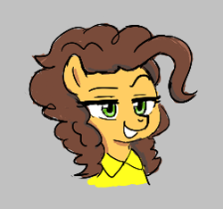 Size: 251x235 | Tagged: safe, artist:kabayo, cheese sandwich, earth pony, pony, g4, aggie.io, bust, clothes, female, gray background, grilled cheese (r63), lowres, mare, raised eyebrow, rule 63, shirt, simple background, smiling, smug, solo