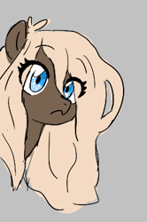 Size: 239x361 | Tagged: safe, artist:kabayo, oc, oc only, oc:meggy, pony, aggie.io, bust, eye clipping through hair, eyebrows, female, frown, gray background, looking at you, lowres, mare, simple background, solo