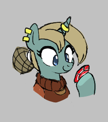 Size: 240x273 | Tagged: safe, artist:kabayo, oc, oc only, pony, unicorn, aggie.io, bust, clothes, ear piercing, earring, female, gem, gray background, hoof hold, horn, horn ring, jewelry, lowres, mare, piercing, ring, ruby, simple background, smiling, solo, sweater