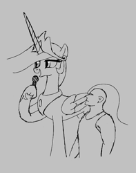 Size: 554x703 | Tagged: safe, artist:kabayo, princess celestia, oc, oc:anon, alicorn, human, pony, g4, aggie.io, crown, female, folded wings, gray background, grayscale, hoof hold, hoof shoes, horn, human oc, jewelry, looking up, mare, microphone, monochrome, open mouth, peytral, regalia, simple background, smiling, talking, tallestia, wings