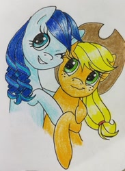 Size: 727x992 | Tagged: safe, artist:mintytreble, applejack, coloratura, earth pony, pony, g4, the mane attraction, cute, duo, female, freckles, rara, smiling, traditional art