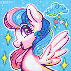 Size: 1759x1768 | Tagged: safe, artist:dandy, oc, oc only, oc:strawberry dreamy, pegasus, pony, acrylic painting, female, looking at you, mare, open mouth, pegasus oc, smiling, solo, traditional art, wings