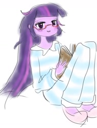 Size: 1069x1403 | Tagged: safe, artist:ponysprinkles, twilight sparkle, human, equestria girls, g4, book, clothes, female, glasses, looking at you, messy mane, pajamas, simple background, sitting, smiling, smiling at you, solo, white background