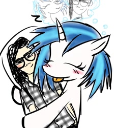 Size: 1002x1110 | Tagged: safe, artist:ponysprinkles, dj pon-3, vinyl scratch, pony, unicorn, g4, blushing, body pillow, eyes closed, female, horn, hug, onomatopoeia, skrillex, sleeping, thought bubble, tongue out, z