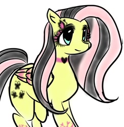Size: 1128x1159 | Tagged: safe, artist:ponysprinkles, fluttershy, pegasus, pony, g4, emo, emoshy, female, folded wings, heart, mare, simple background, smiling, solo, white background, wings