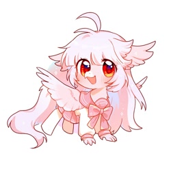 Size: 700x700 | Tagged: safe, artist:dreamsugar, oc, oc only, bowtie, chibi, clothes, commission, eye clipping through hair, female, looking at you, open mouth, simple background, skirt, solo, spread wings, white background, wings