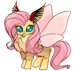 Size: 1068x1024 | Tagged: safe, artist:namaenonaipony, fluttershy, insect, moth, mothpony, original species, g4, chest fluff, female, fluttermoth, looking at you, mothified, simple background, solo, species swap, spread wings, tongue out, white background, wings