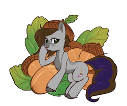 Size: 2905x2433 | Tagged: safe, artist:thomas ray, oc, oc only, oc:cj vampire, earth pony, pony, acorn, autumn, brown mane, brown tail, commission, green eyes, hat, heterochromia, high res, leaves, simple background, solo, tail, tongue out, white background, ych result