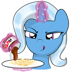 Size: 1280x1280 | Tagged: safe, artist:theuser, trixie, pony, unicorn, g4, food, glowing, glowing horn, horn, i bucking love nutella, licking, licking lips, magic, nutella, pasta, smiling, solo, spaghetti, telekinesis, this will end in diarrhea, tongue out