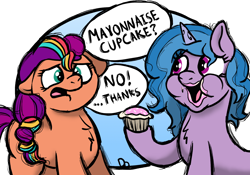 Size: 1786x1248 | Tagged: safe, artist:doodledonutart, izzy moonbow, sunny starscout, earth pony, pony, unicorn, g5, bing bong, comic, cupcake, do not want, duo, female, floppy ears, food, mare, mayonnaise, messy eating, sauce, this will end in diarrhea