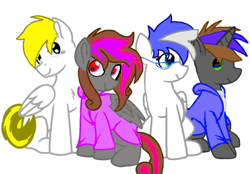 Size: 593x413 | Tagged: safe, oc, oc only, oc:star carmel, pegasus, pony, unicorn, blue eyes, clothes, cute, folded wings, glasses, green eyes, group, hoodie, horn, looking at each other, looking at someone, male, pegasus oc, red eyes, simple background, stallion, unicorn oc, white background, wings