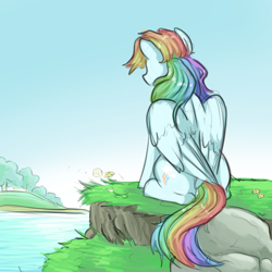 Size: 1000x1000 | Tagged: safe, artist:smirk, rainbow dash, pegasus, pony, g4, colored sketch, dandelion, female, flower, lake, mare, scenery, sitting, solo, tree, water