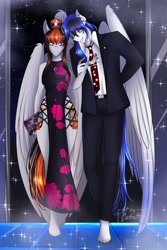 Size: 2000x2996 | Tagged: safe, artist:carbutt69, oc, oc only, oc:cannon car, oc:snow storm, pegasus, anthro, unguligrade anthro, clothes, couple, dress, elegant, female, heterochromia, high res, holding hands, jewelry, male, multicolored hair, necklace, scar, smiling, walking, wings