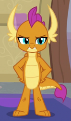Size: 435x737 | Tagged: safe, screencap, smolder, dragon, g4, the hearth's warming club, cropped, dragoness, female, hand on hip, looking at you, smolder is not amused, solo, unamused
