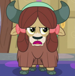 Size: 725x738 | Tagged: safe, screencap, yona, yak, g4, the hearth's warming club, bow, cloven hooves, cropped, female, hair bow, looking at you, monkey swings, solo, unamused, yona is not amused