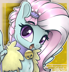 Size: 1130x1165 | Tagged: safe, artist:llametsul, kerfuffle, pegasus, pony, rainbow roadtrip, bell, bell collar, bust, chest fluff, clothes, collar, colored, cute, female, fufflebetes, grayscale, happy, looking at you, mare, monochrome, open mouth, open smile, pincushion, signature, smiling, solo