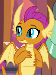 Size: 481x646 | Tagged: safe, screencap, smolder, yona, dragon, yak, g4, my little pony: friendship is magic, non-compete clause, cropped, cute, dragoness, female, partially open wings, smolderbetes, solo focus, wings