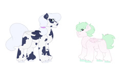 Size: 1280x640 | Tagged: safe, artist:itstechtock, oc, oc only, oc:flitter flutter, oc:snowflake obsidian, pegasus, pony, duo, offspring, parent:blossomforth, parent:double diamond, parent:periwinkle pace, simple background, white background