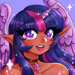 Size: 2048x2048 | Tagged: safe, artist:mylittleyuri, twilight sparkle, human, g4, alicorn humanization, bare shoulders, blushing, bust, choker, clothes, dark skin, elf ears, female, gem, high res, horn, horned humanization, humanized, lipstick, looking at you, portrait, simple background, solo, sparkles, winged humanization, wings