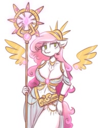 Size: 431x545 | Tagged: safe, artist:sugar morning, oc, oc only, oc:sugar morning, pegasus, anthro, big breasts, breasts, busty sugar morning, cleavage, clothes, crown, dress, floating wings, jewelry, lidded eyes, looking at you, midriff, regalia, royalty, simple background, solo, white background, wings
