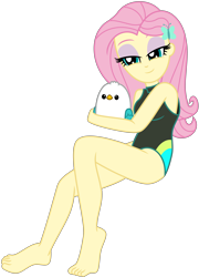Size: 5224x7237 | Tagged: safe, artist:emeraldblast63, fluttershy, bird, butterfly, seagull, equestria girls, equestria girls series, g5, my little pony: tell your tale, bare shoulders, barefoot, clothes, cuddling, feet, female, fixed, fluttershy's one-piece swimsuit, hairclip, lidded eyes, one-piece swimsuit, simple background, sleeveless, smiling, solo, swimsuit, transparent background