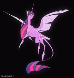 Size: 2509x2636 | Tagged: safe, artist:marbola, twilight sparkle, alicorn, pony, g4, black background, female, high res, leonine tail, mare, simple background, solo, spread wings, tail, tail feathers, twilight sparkle (alicorn), wings