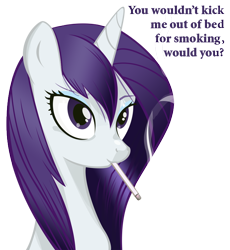 Size: 650x708 | Tagged: safe, artist:johnjoseco, rarity, pony, unicorn, g4, asking, cigarette, dialogue, eyeshadow, female, horn, loose hair, makeup, mare, simple background, smiling, smoke, smoking, solo, text, transparent background, wet, wet hairity, wet mane, wet mane rarity, wrong eye color