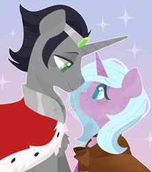 Size: 799x900 | Tagged: safe, artist:snow angel, king sombra, radiant hope, pony, unicorn, g4, idw, duo, female, gradient background, lidded eyes, looking at each other, looking at someone, male, mare, reformed sombra, ship:hopebra, shipping, smiling, stallion, straight