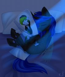 Size: 1700x2000 | Tagged: safe, alternate version, artist:rinteen, oc, oc:blue visions, changeling, earth pony, pony, bed, bedsheets, blue changeling, body pillow, commission, hug, night, pillow, pillow hug, sleeping, ych result