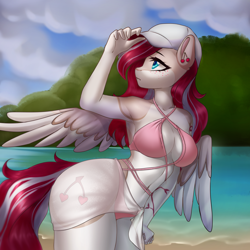 Size: 4800x4800 | Tagged: safe, alternate version, artist:yutakira92, oc, oc only, oc:cherry heart, pegasus, anthro, absurd resolution, baseball cap, beach, bikini, blue eyes, cap, cherry, clothes, colored wings, day, ear piercing, earring, female, food, freckles, hat, jewelry, looking sideways, looking to the left, looking up, pattern, piercing, red hair, sarong, solo, spread wings, string bikini, swimsuit, tail, tan coat, two toned mane, two toned tail, two toned wings, water, wings