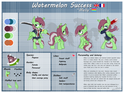 Size: 2500x1889 | Tagged: safe, artist:sherathoz, oc, oc:watermelon success, pegasus, pony, baseball bat, bipedal, butt, clothes, commission, ear fluff, female, headphones, heart, katana, plot, reference sheet, school uniform, solo, sword, weapon