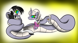 Size: 1024x571 | Tagged: safe, artist:lunahazacookie, oc, oc only, earth pony, lamia, original species, pony, abstract background, coils, colored, duo, earth pony oc, female, hypno eyes, hypnosis, hypnotized, kaa eyes, male, mare, mind control, stallion, unshorn fetlocks