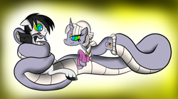 Size: 1024x571 | Tagged: safe, artist:lunahazacookie, oc, oc only, oc:nightwish, oc:spira trance, lamia, original species, pegasus, pony, abstract background, coils, colored, duo, female, hypno eyes, hypnosis, hypnotized, kaa eyes, male, mare, mind control, pegasus oc, stallion, unshorn fetlocks