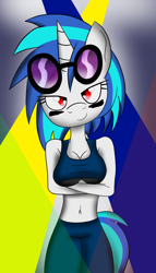 Size: 1024x1793 | Tagged: safe, artist:lunahazacookie, dj pon-3, vinyl scratch, unicorn, anthro, g4, 2015, abstract background, clothes, colored, crossed arms, female, midriff, old art, solo, sports bra, sunglasses