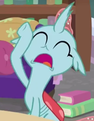 Size: 548x705 | Tagged: safe, screencap, ocellus, changedling, changeling, g4, what lies beneath, book, bookshelf, cropped, cute, diaocelles, eyes closed, female, open mouth, raised hoof, solo