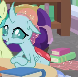 Size: 762x756 | Tagged: safe, screencap, ocellus, sandbar, changedling, changeling, earth pony, pony, g4, what lies beneath, book, bookshelf, cropped, cute, diaocelles, female, solo focus