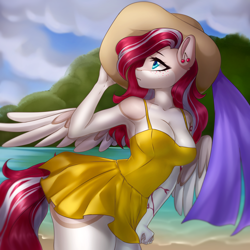 Size: 5000x5000 | Tagged: safe, artist:yutakira92, oc, oc only, oc:cherry heart, pegasus, anthro, absurd resolution, beach, blue eyes, cherry, clothes, colored wings, day, dress, ear piercing, earring, female, food, freckles, hat, jewelry, looking sideways, looking to the left, looking up, pattern, piercing, red hair, ribbon, solo, spread wings, sun hat, swimsuit, tail, tan coat, two toned mane, two toned tail, two toned wings, water, wings, yellow dress, yellow swimsuit