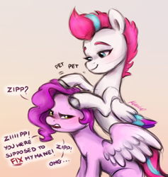 Size: 2080x2196 | Tagged: safe, artist:buttersprinkle, pipp petals, zipp storm, pegasus, pony, g5, adorapipp, adorazipp, annoyed, colored wings, cute, dialogue, duo, duo female, eyebrows, female, folded wings, frown, gradient background, high res, mare, multicolored wings, petting, pipp petals is not amused, royal sisters (g5), siblings, signature, sisters, smiling, spread wings, text, unamused, wings
