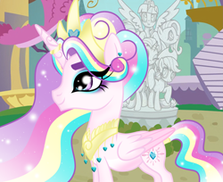 Size: 2227x1813 | Tagged: safe, artist:owocrystalcatowo, oc, oc:crystal heart, alicorn, pony, alicorn oc, female, horn, mare, offspring, parent:princess cadance, parent:shining armor, parents:shiningcadance, solo, statue, wings