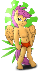 Size: 1382x2386 | Tagged: safe, artist:kinipharian, scootaloo, pegasus, semi-anthro, g4, arm hooves, cave pony, cavegirl, caveman, jungle girl, loincloth, mowgli, simple background, smiling, solo, transparent background, wings