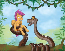 Size: 2982x2368 | Tagged: safe, artist:kinipharian, scootaloo, pegasus, snake, semi-anthro, g4, arm hooves, coils, crossover, duo, female, high res, kaa, loincloth, male, mowgli, smiling, the jungle book