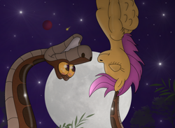 Size: 3331x2436 | Tagged: safe, artist:kinipharian, scootaloo, pegasus, snake, semi-anthro, g4, crossover, full moon, high res, kaa, moon, mowgli, outdoors, stars, the jungle book, upside down