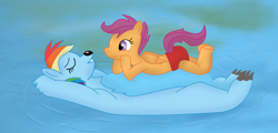 Size: 2656x1280 | Tagged: safe, artist:kinipharian, rainbow dash, scootaloo, bear, pegasus, pony, g4, anatomically incorrect, baloo, bearified, crossover, duo, eyes closed, incorrect leg anatomy, mowgli, pond, relaxing, species swap, the jungle book, water